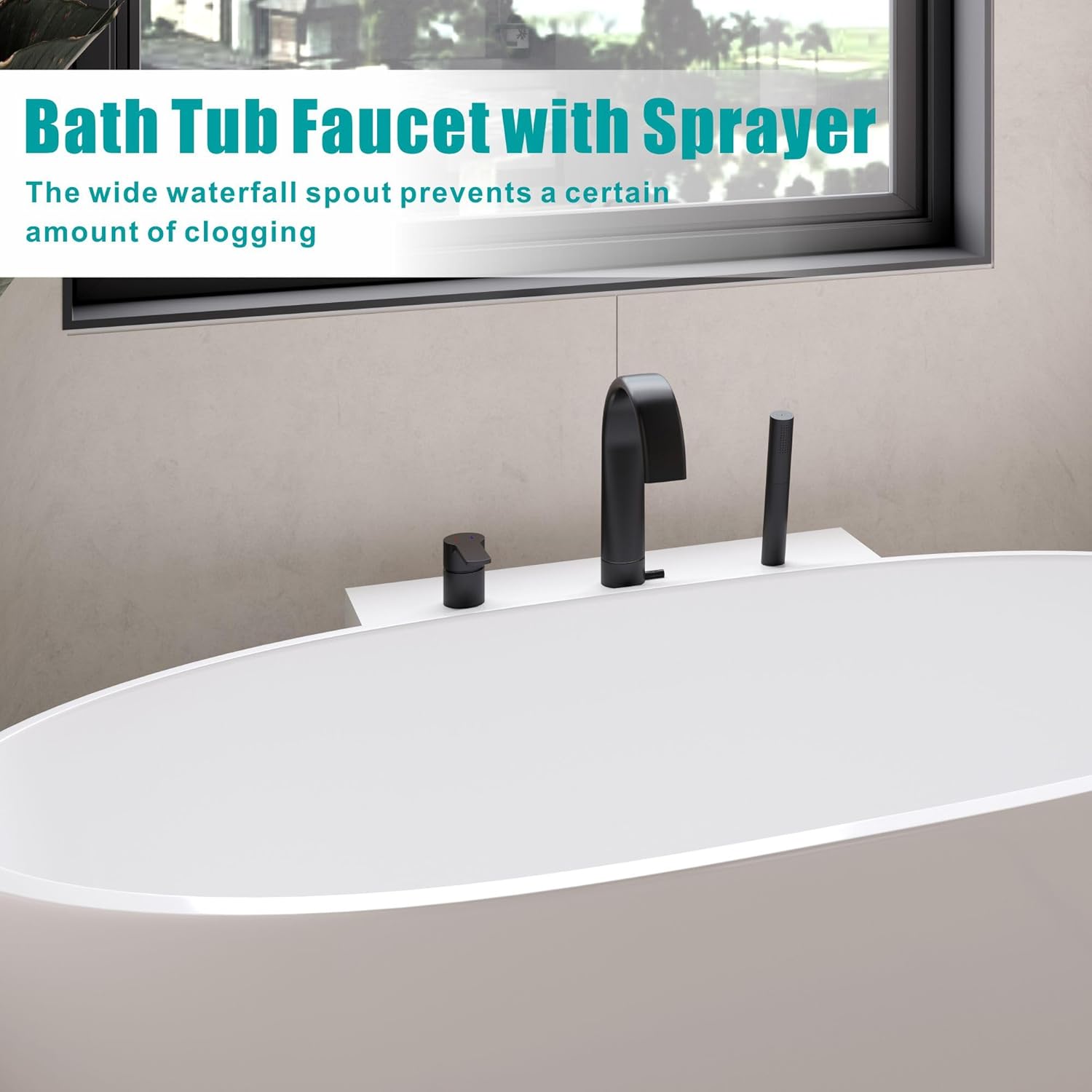 SKOWLL Deck Mount Tub Faucet with Sprayer Widespread Roman Tub Waterfall Faucet 3 Hole, Hight Arc Bathtub Spout, Multifunction Handheld Shower, Matte Black