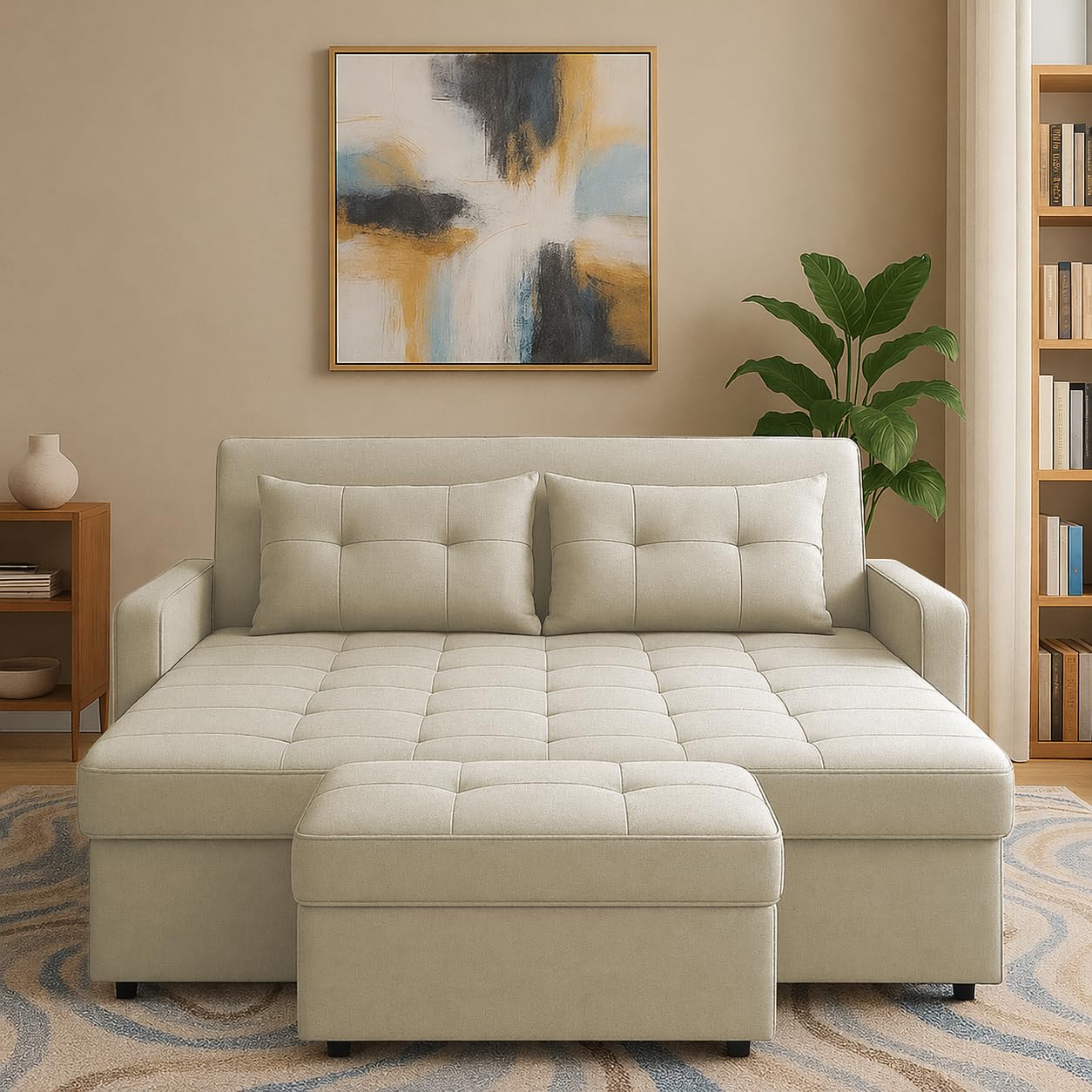 Emilio 2-Seater Sofa Cum Bed for Living Room, Office & Home with Center Table | Premium Fabric Pull-Out Sofa Set with 1 Year Warranty | Space Saving Convertible Sleeper Sofa | Cream Colour-image-18