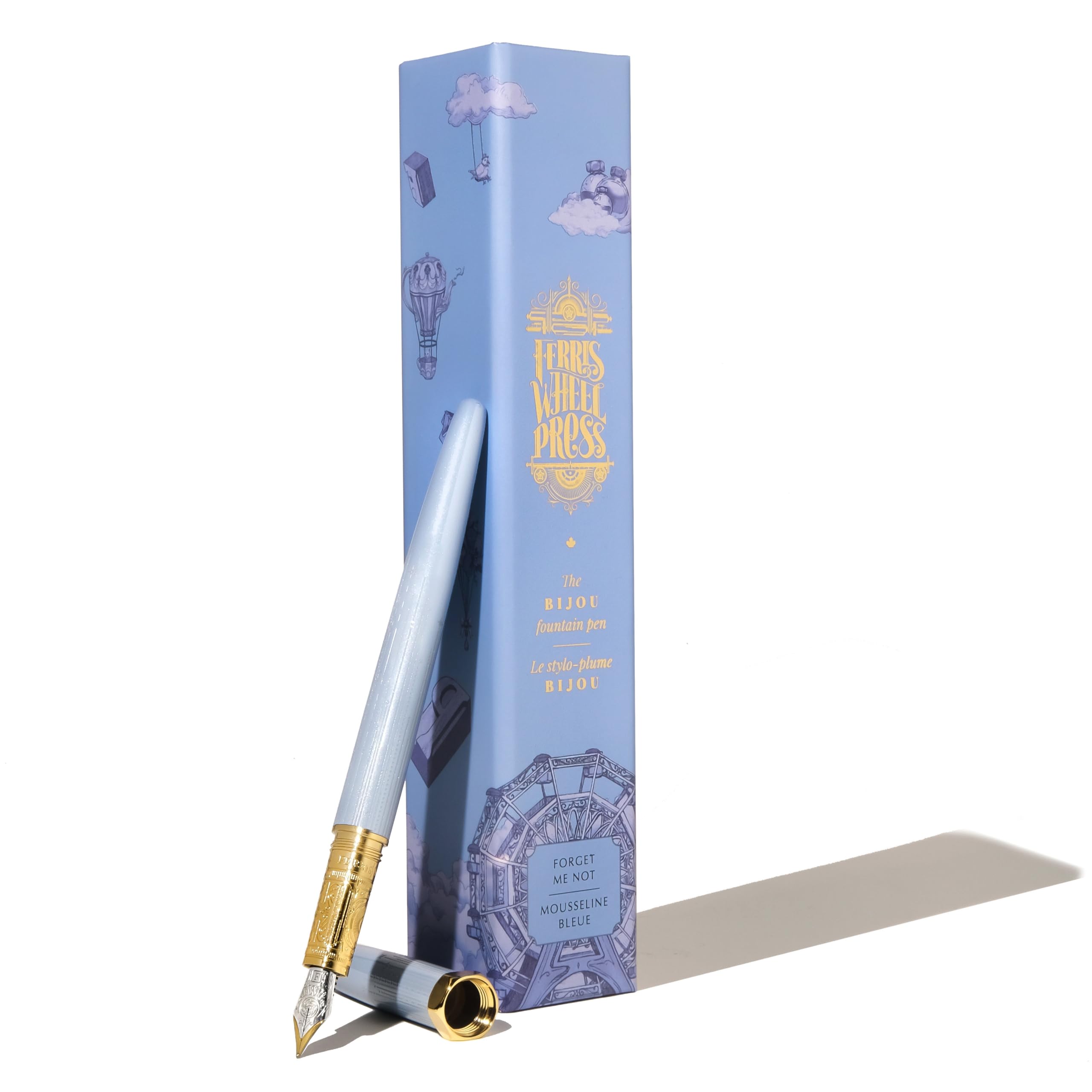 Ferris Wheel Press, Bijou - Pluma estilográfica, Nontiscordardime, doble chapado en oro, acabado lacado zafiro, plumín de acero bicolor, punta fina