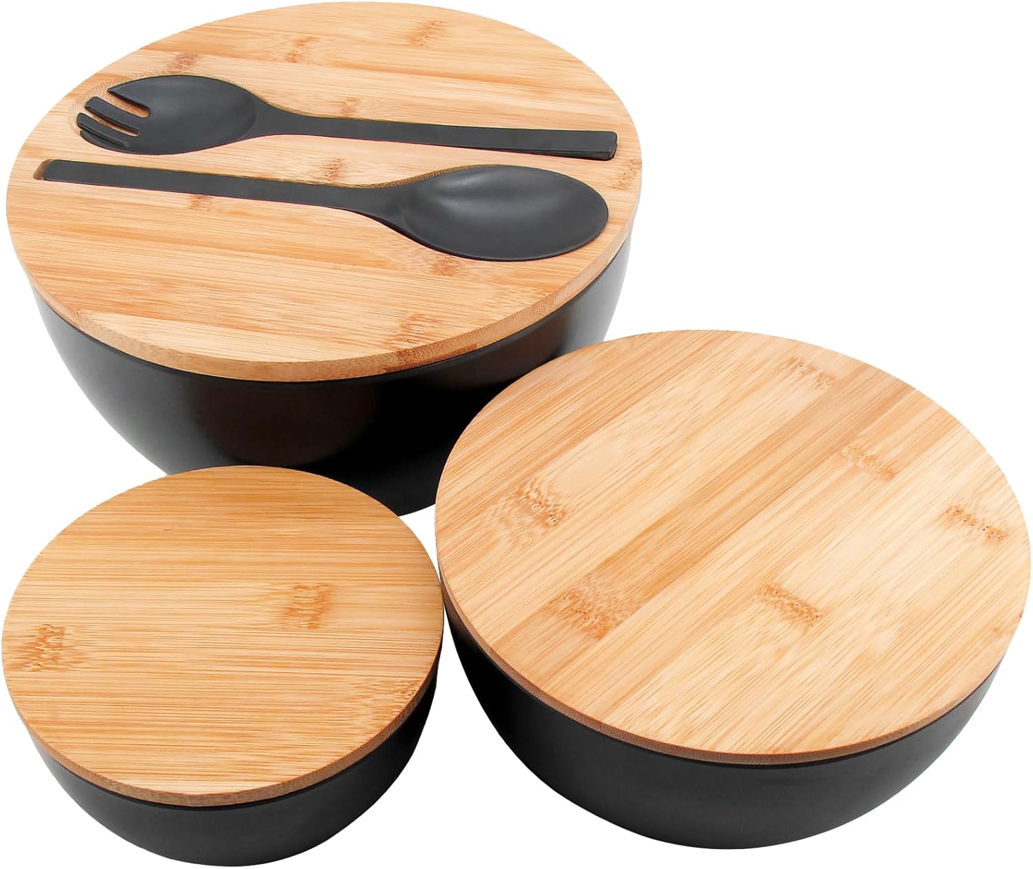 Salad Bowls Set of 3 with Lid & Serving Utensils, Bamboo Fiber Mixing Bowls Set Large Serving Bowls & Storage Set with Bamboo Lid for Salad, Kitchen Eating, Pasta, Popcorn, Chips, Fruit, Black - Image 6