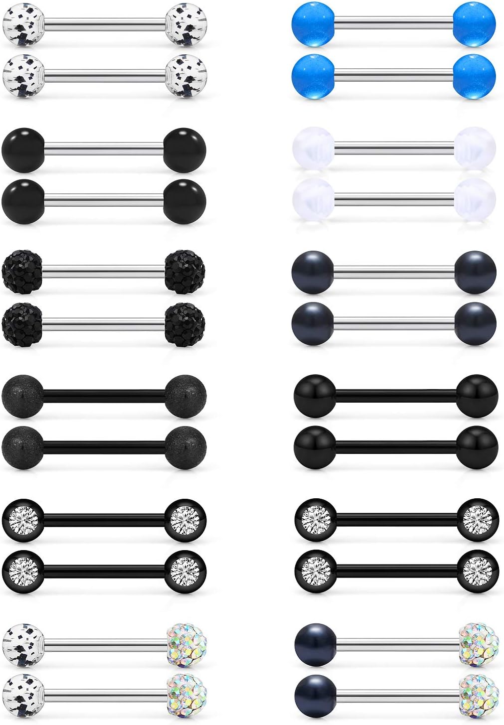 Cisyozi 16G 14G Nipple Piercing Jewelry Tongue Rings Hypoallergenic 316L Surgical Steel Nipple Tongue Barbells Piercing Jewelry for Women Men Shining and Cute 12 Pairs