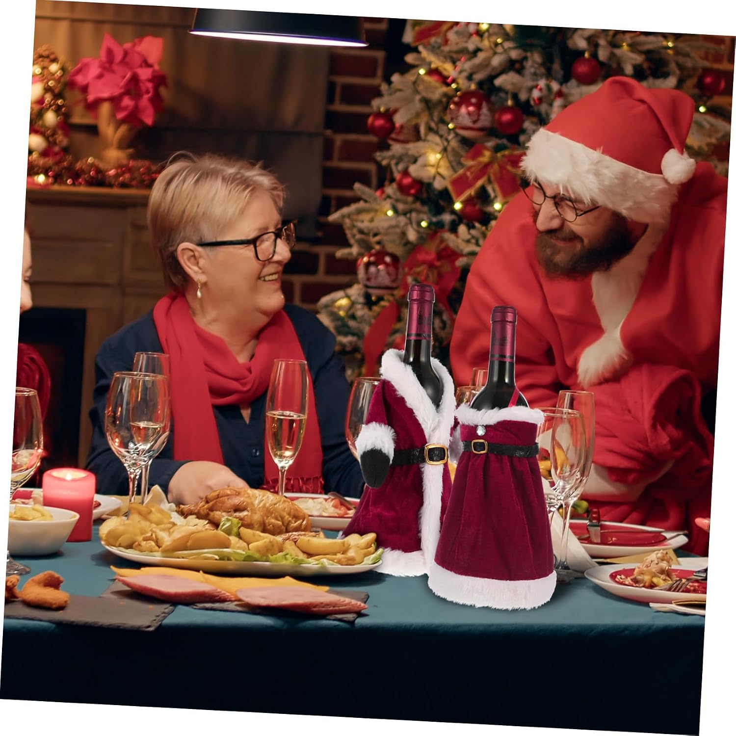 2pcs Christmas Wine Bottle Dress Skirt Set Plush Red Xmas Cover