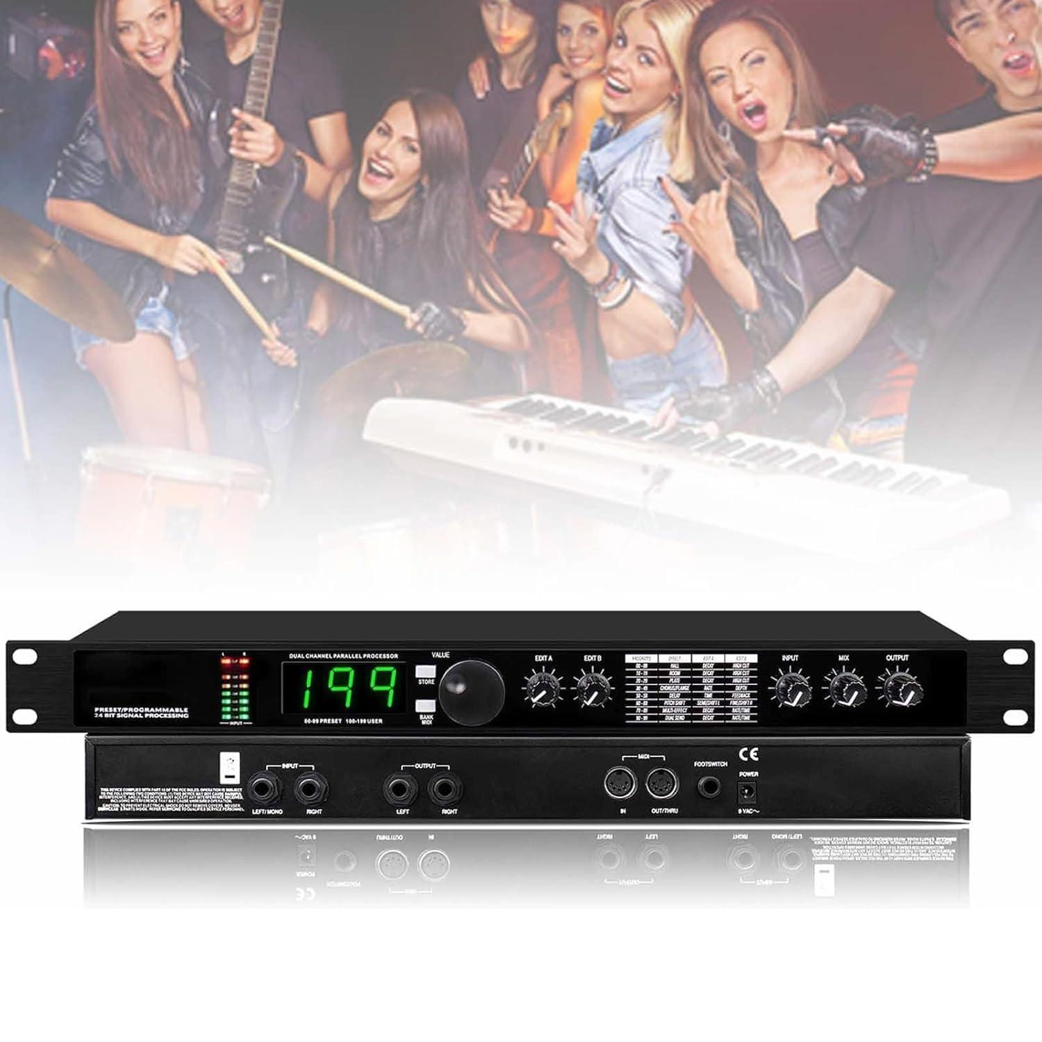 Profesjonalny procesor audio, procesor Digital Reverb Multi Effect z 99 wstępnie ustawionymi programami, wstępnie ustawione/programowalne 24-bitowe przetwarzanie sygnału do studia, na scenę