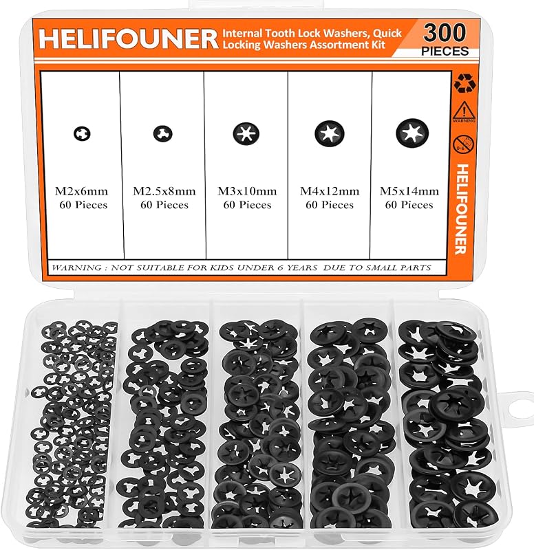 HELIFOUNER 300 Pieces 5 Sizes Internal Tooth Star Lock Washers, Quick Speed Locking Washers, Push Nuts, Speed Clips Retaining Clips Fasteners Assortment Kit