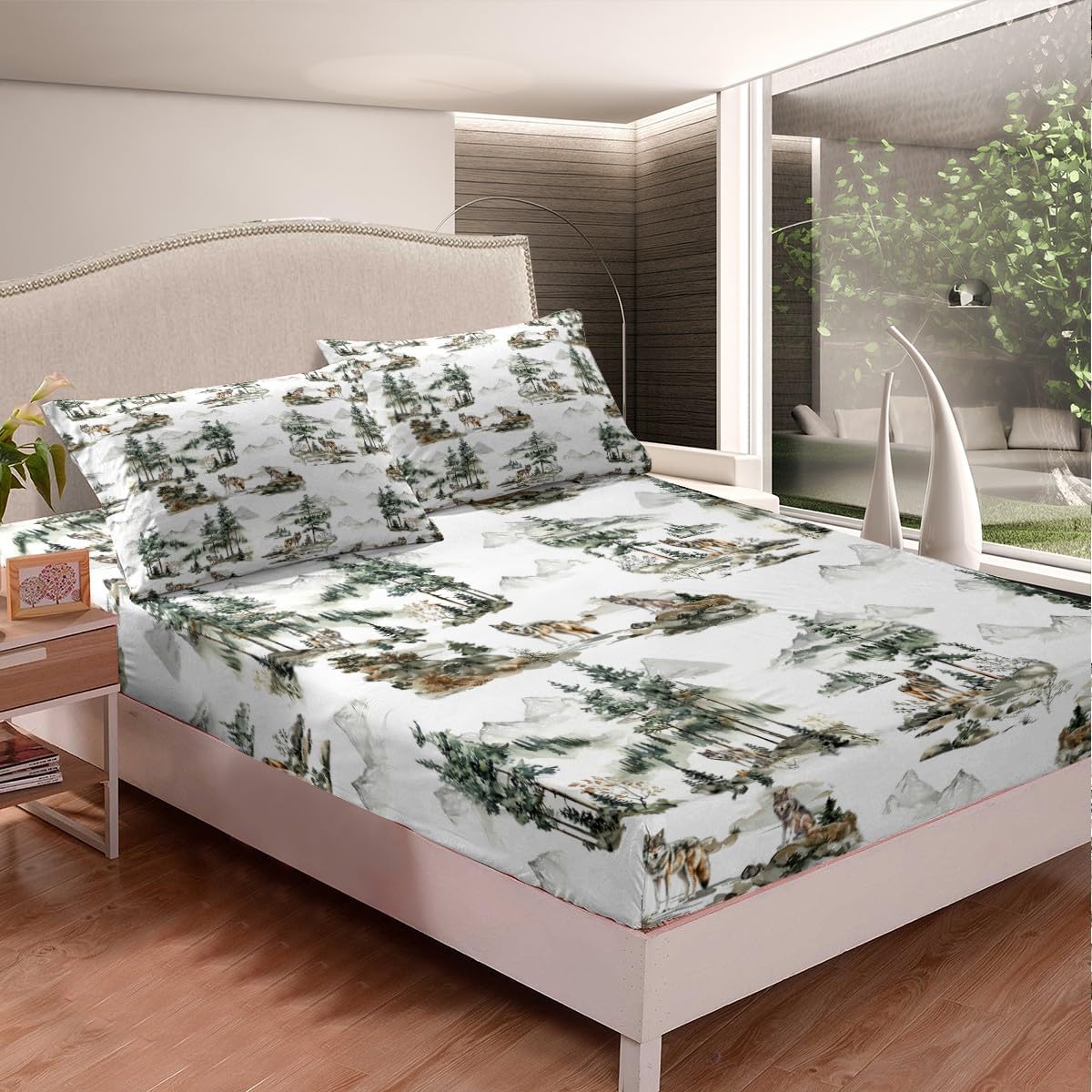 Erosebridal Hedgehog Fitted Sheet Full Watercolor Branch Leaves Bed Sheets Jungle Pine Trees Bedding Set Woodland Wildlife Animal Sheets Natural Mushroom Decor