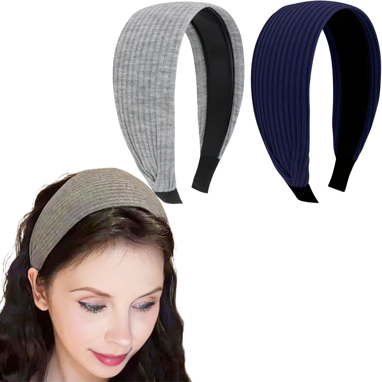 2 PCS Wide-brimmed Headband Toothed Non-slip Hair Bands Vintage Knitted Pit Strip Boho Wider Sports Makeup Hair Bands Cover Hair Seams for Women(Navy, Gray)-image-2