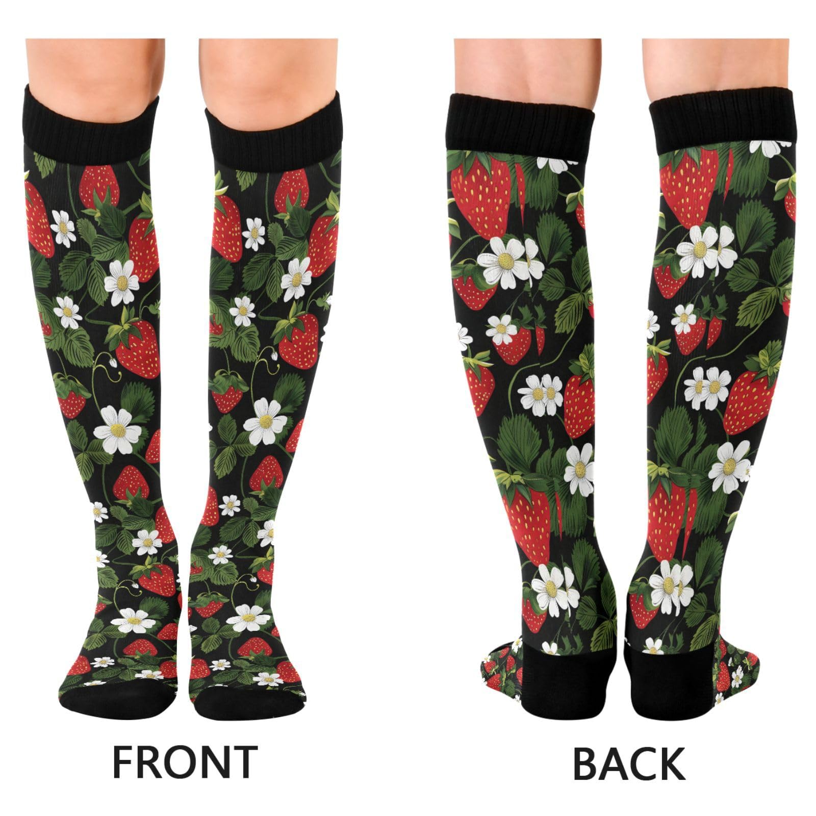 MFTJYO Strawberry Black Leaves Compression Socks for Women Men Circulation Long Knee High Socks for Athletic Sports Running