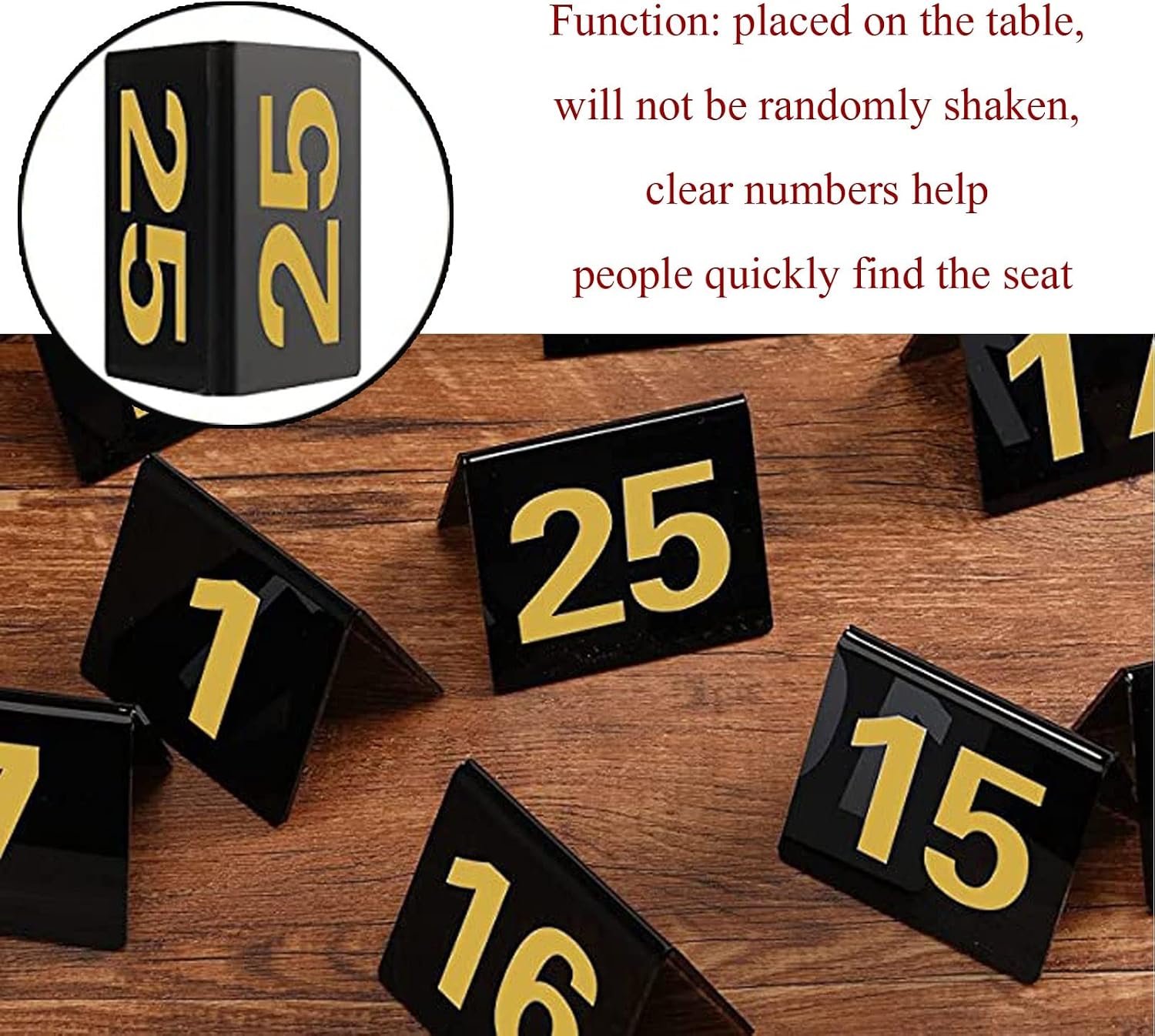 WORDFUN Restaurant Cards Plate, Tabletop Number Sign, Black, Double-Sided Gold Numbers Table Number Card, for Guiding Guests to Their Seats Perfect for Restaurants, Bars