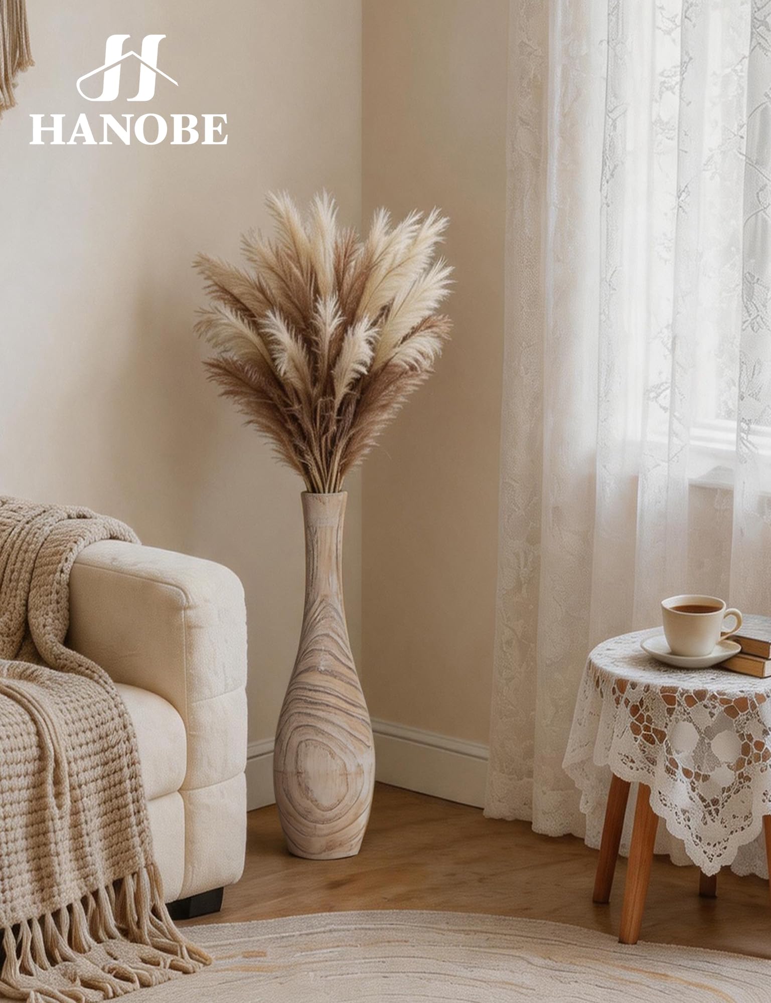 Hanobe Vase Deko Groß Bodenvase: Holz Hoch Boden Vasen Skandinavische Deko XXL Flur Wohnzimmer - 56cm Landhausstil Natur Blumenvase mit Loch für Pampasgras