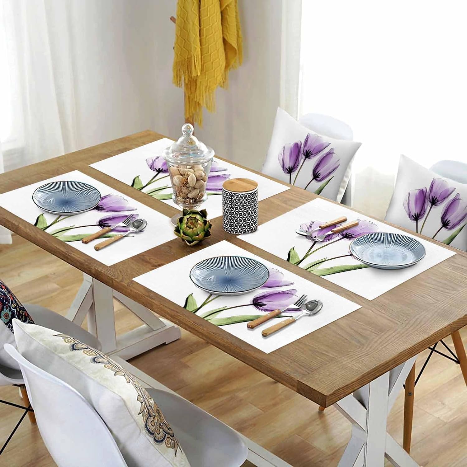 X-ray Tulips Placemats Set of 6 Purple Floral Abstract Flowers Spring Summer 13x19 Inch Washable Non Slip Linen Table Mats, Rustic Summer Placemats for Dining Table Party Kitchen Decor