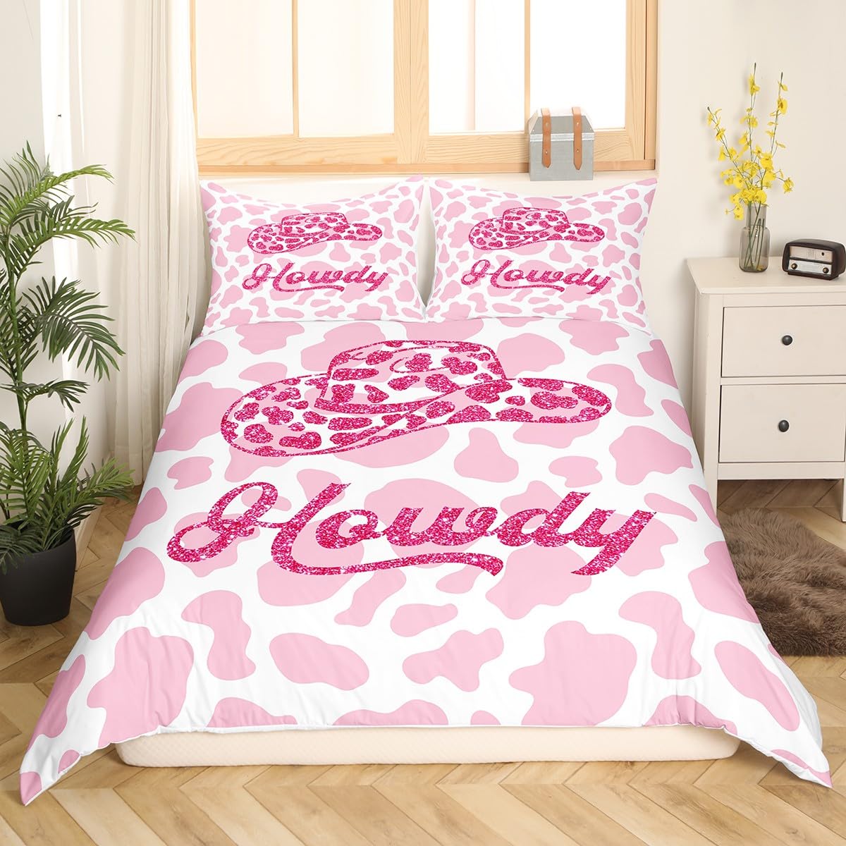Cowgirl Bettwäsche-Set Einzelbett Für Mädchen – Western-Design Mit Stiefeln & Schleifen, Rosa/weiß, Bezug + Kissenbezug
