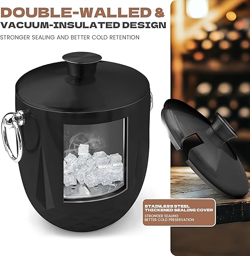 Miniatura 4 de Cubos de hielo de 3L para fiestas y bar de cócteles con tapa de acero inoxidable, pinzas y colador (negro) Cubo de hielo de metal aislado de doble