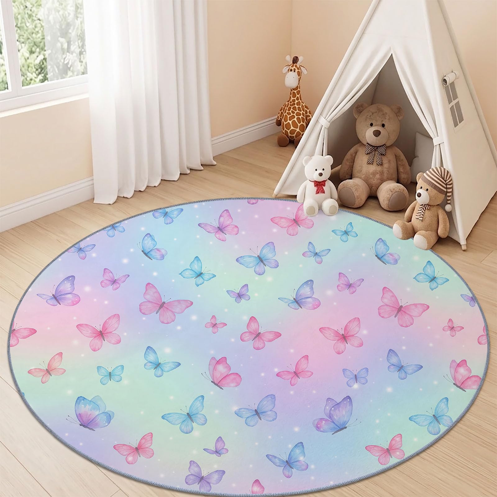 Générique Tapis Rond 120 cm Lavable Machine, Moquette Antidérapante Poil Bas Style Insecte Arc-en-Ciel, Motif Papillon Ombré Arc-en-Ciel Moderne Doux pour Chambre De Fille, Multicolore