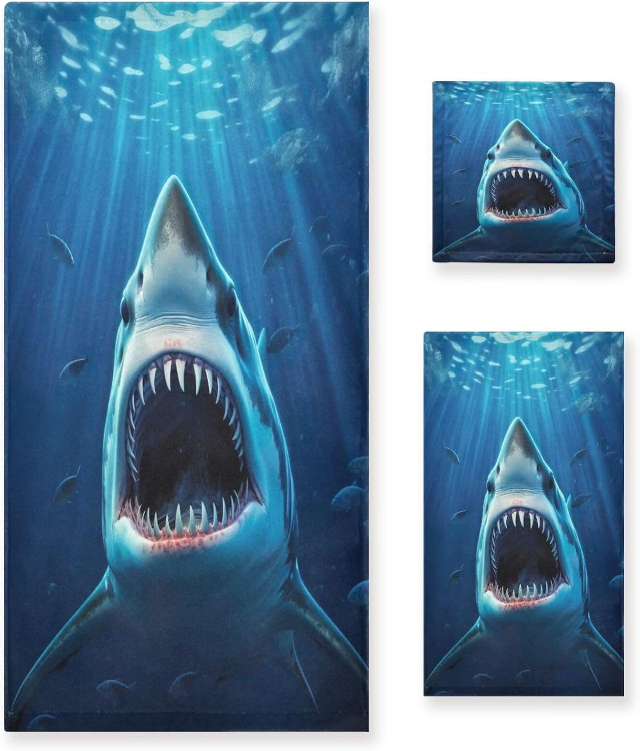 Bath Towels Set of 3 Giant Shark Bathroom Towel for Face Hand Absorbent Washcloth for Gym Bathing Home Shower