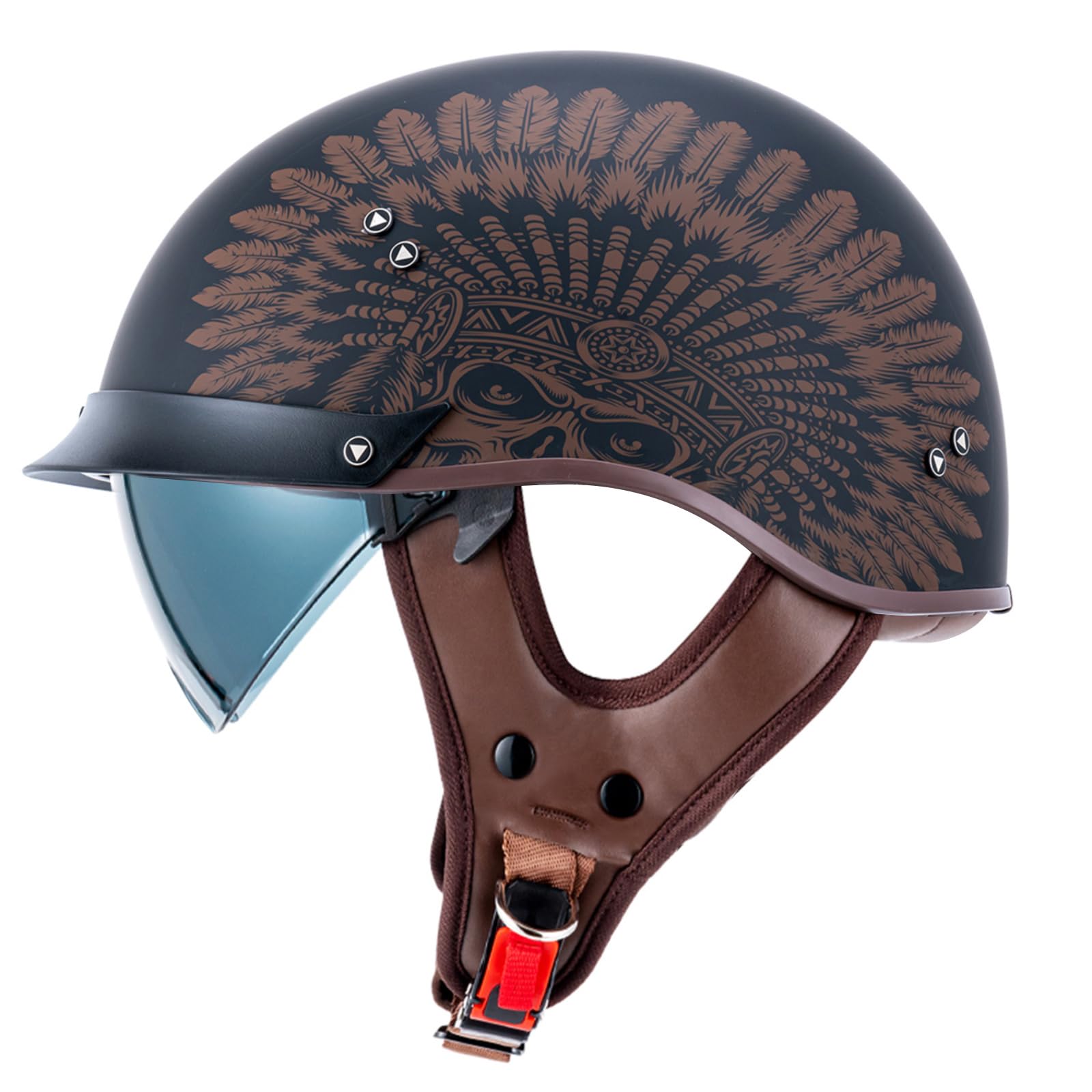 Motorcycle Half Helmet Sun Visor Quick Release Buckle DOT Approved Half Face Helmets for Men Women (F02-Indian, M)