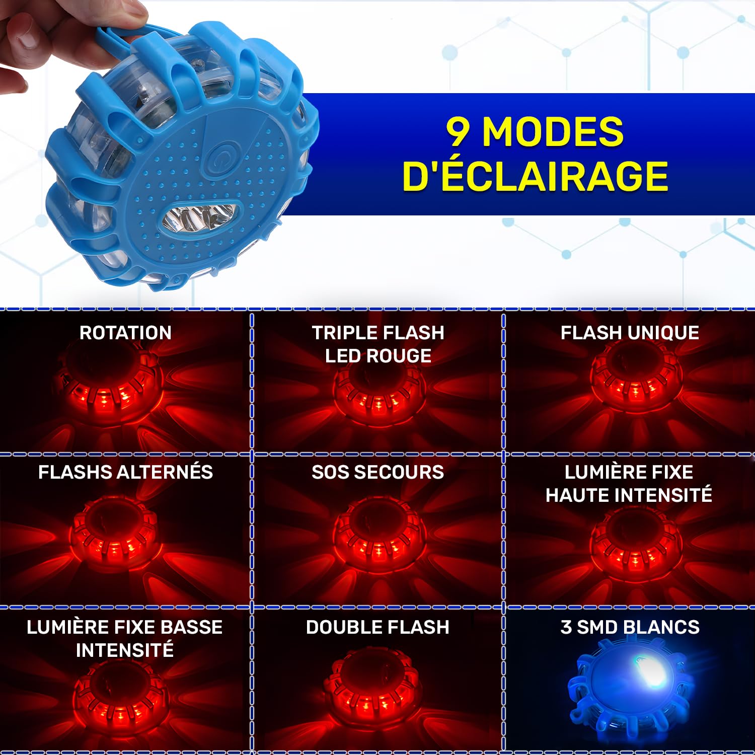Gyrophare LED sans Fil pour Voiture avec Base Magnétique et Dispose de 9 Modes D’éclairage - Autonomie Jusqu’à 48 Heures - Girophare LED Vehicule Idéal en Cas D’arrêt D’urgence - MONTERAL