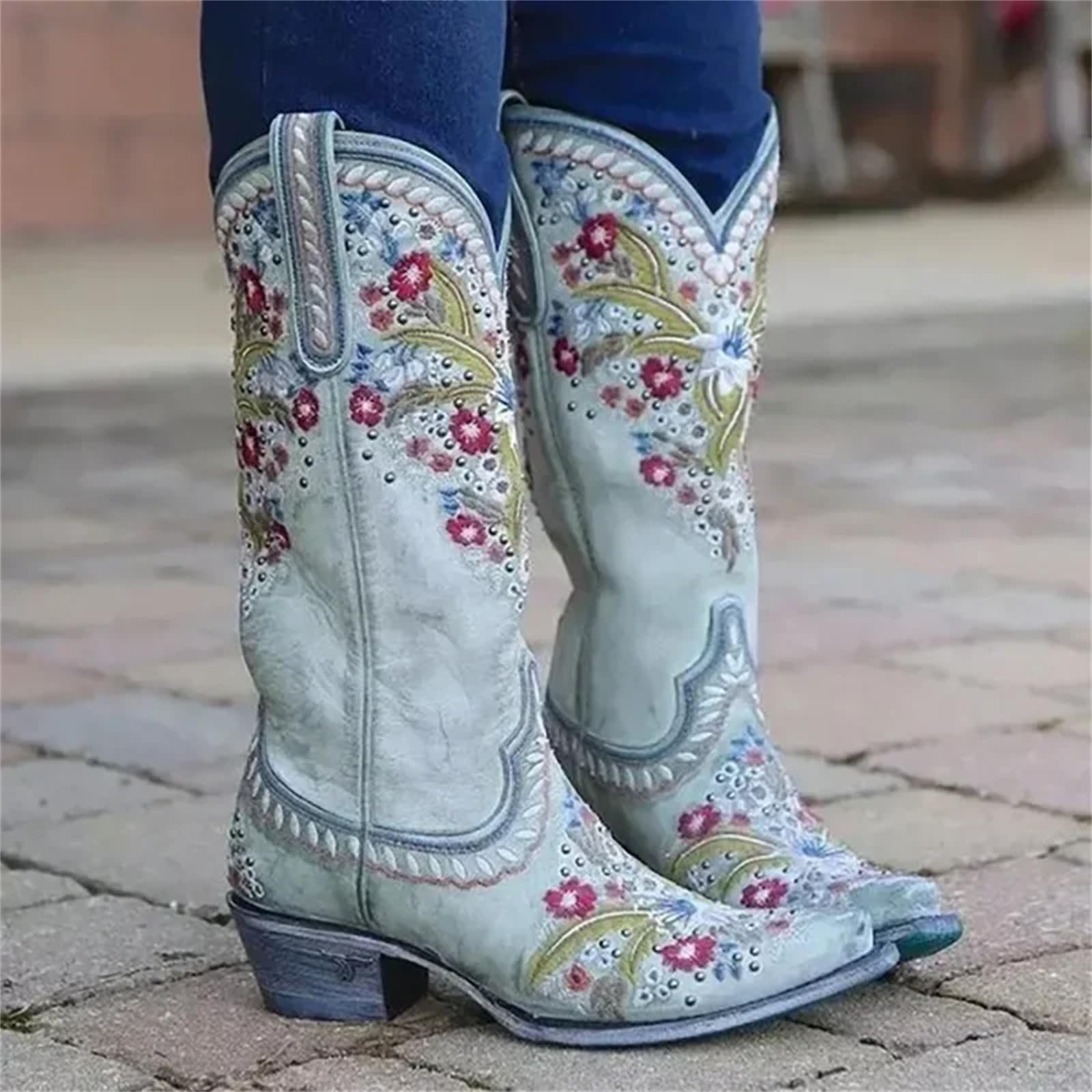 Lmtossey Stivali da donna leggeri al ginocchio con cuciture in pelle PU 3 CM tacchi quadrati retrò punk etnico scarpe