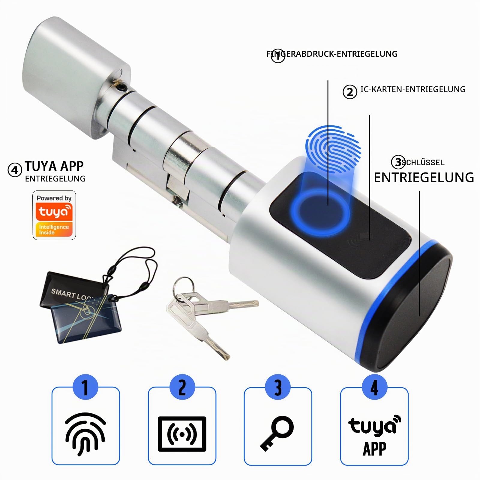 Türschloss Fingerabdruck, Smart Türschloss mit Fingerabdruck, Fingerabdruck-IC-Karte, Schlüssel, App, Haushalt, intelligente elektronische Schlösser, für 35-60mm Tür, Einfache Installation
