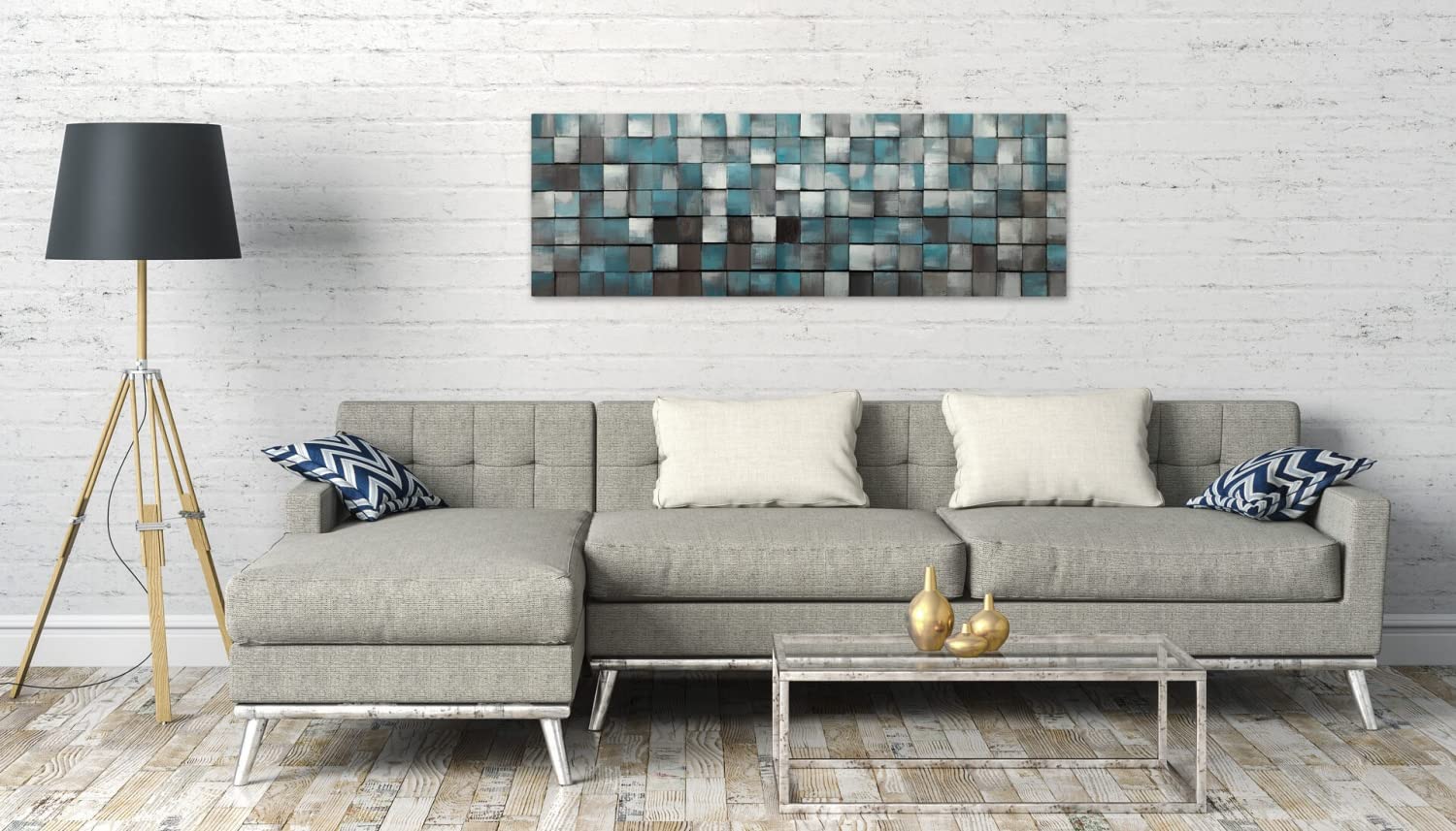 KunstLoft Wanddeko Holz rustikal | 100% HANDGEFERTIGT | 144x44x7cm | Holzbild 'Ruhe des Blauen' | Abstrakt | Grau Blau | Wandbild Holz