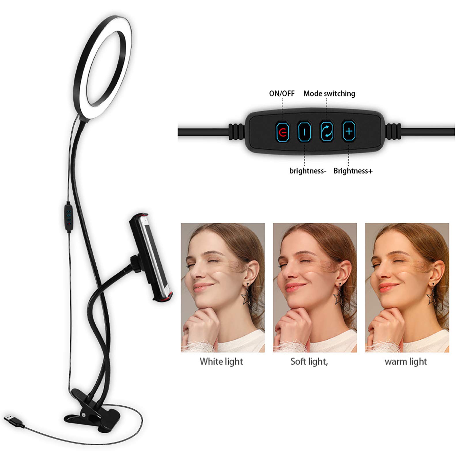 Luce ad Anello Selfie 8 Pollici con Supporto Telefono Cellulare, Illuminazione a LED dimmerabile ruotabile a 360 ° con Bracci Flessibili, registrazioni Video Trucco in Streaming dal Vivo