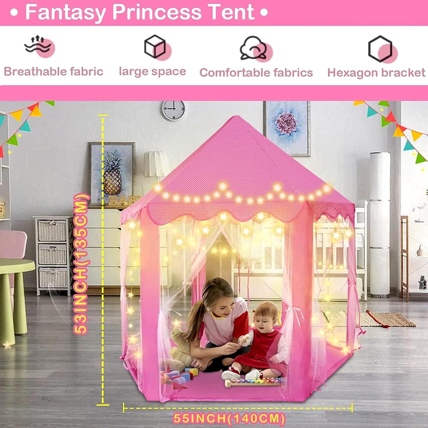 Kid's Play Tent, Ceither Princess Castle Girls Playhouse with Star Lights, 55" x 53" (L x H) Pink Princess Tent Indoor Outdoor for Imagination Interactive Play - Image 3