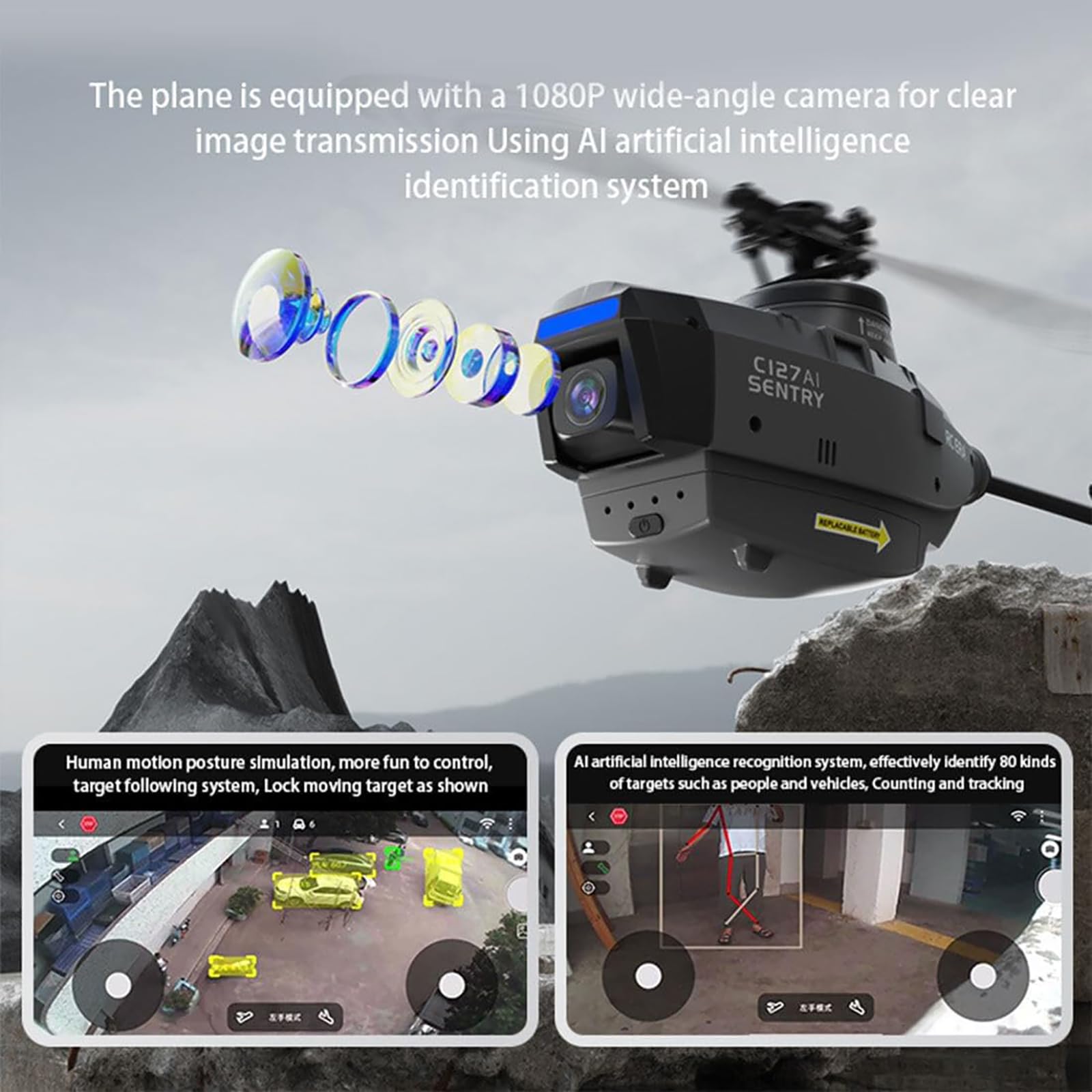 Helikopter RC C127AI z kamerą 1080P, model bezszczotkowego drona zwiadowczego 2.4G 4CH z jednym silnikiem, model samolotu z 6-osiowym żyroskopem, wersja RTF,Black