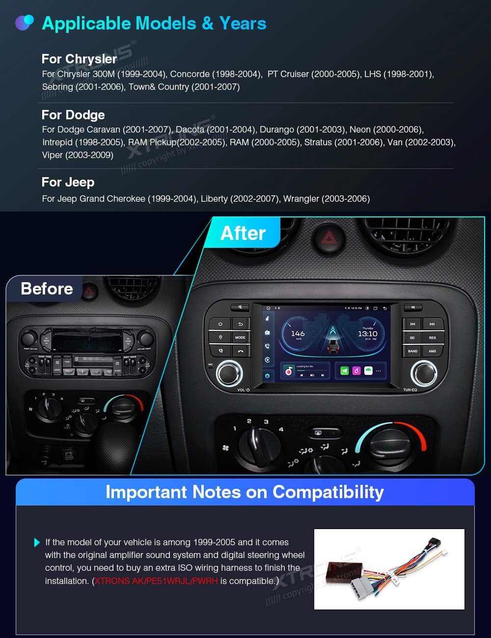 xtrons android 11 single din car stereo radio for jeep dodge chrysler bluetooth head unit gps navigation for car with 5 inch touch screen octa core 2