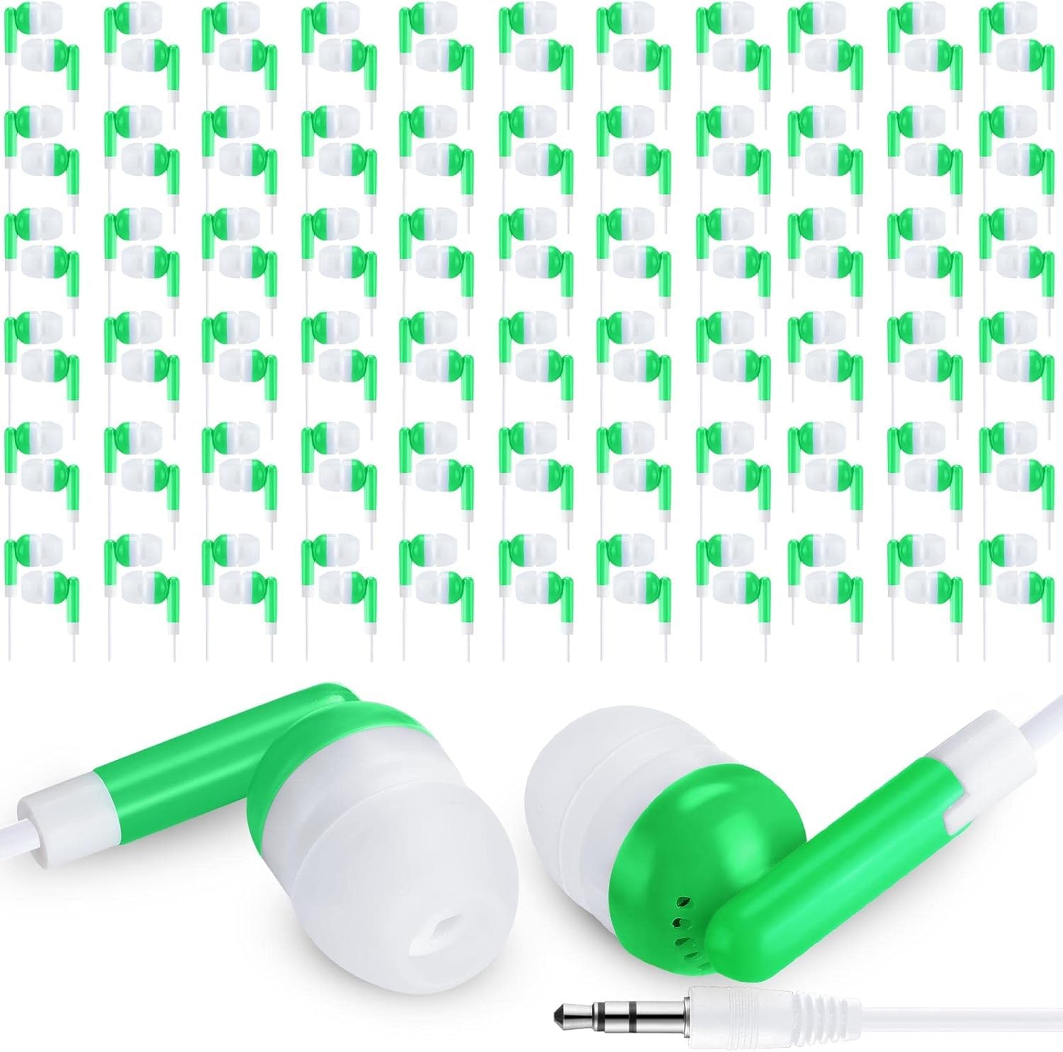 Lot de 100 écouteurs intra-auriculaires de 3,5 mm emballés individuellement avec fil pour étudiants, écoles adultes, hôpitaux, hôtels, bibliothèques, musées, cadeau MP3 (vert)