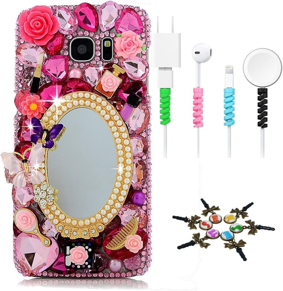 STENES Sparkle Case Compatible with Samsung Galaxy S8 Active - Stylish - 3D Handmade Rainbow Butterfly Pearl Pendant Flowers Design Cover Case with Cable Protector [4 Pack] - Colorful