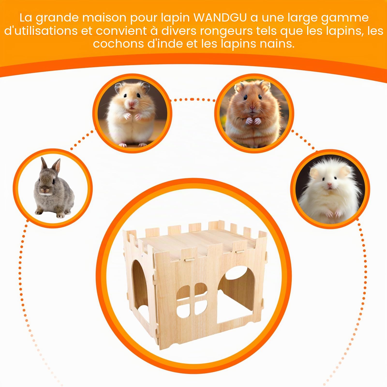 Grande maison pour lapin : grande maison pour lapins pour petits animaux, maison de jeu en bois à cacher, idéale pour les cochons d'Inde, les lapins nains et autres rongeurs (40 x 30 x 30 cm)