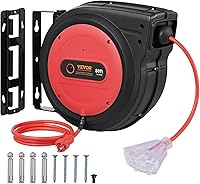 Vista 30 de VEVOR Carrete de cable de extensión retráctil, 65 pies, cable de alimentación resistente 12AWG/3C SJTOW, con toma triple iluminada, interruptor