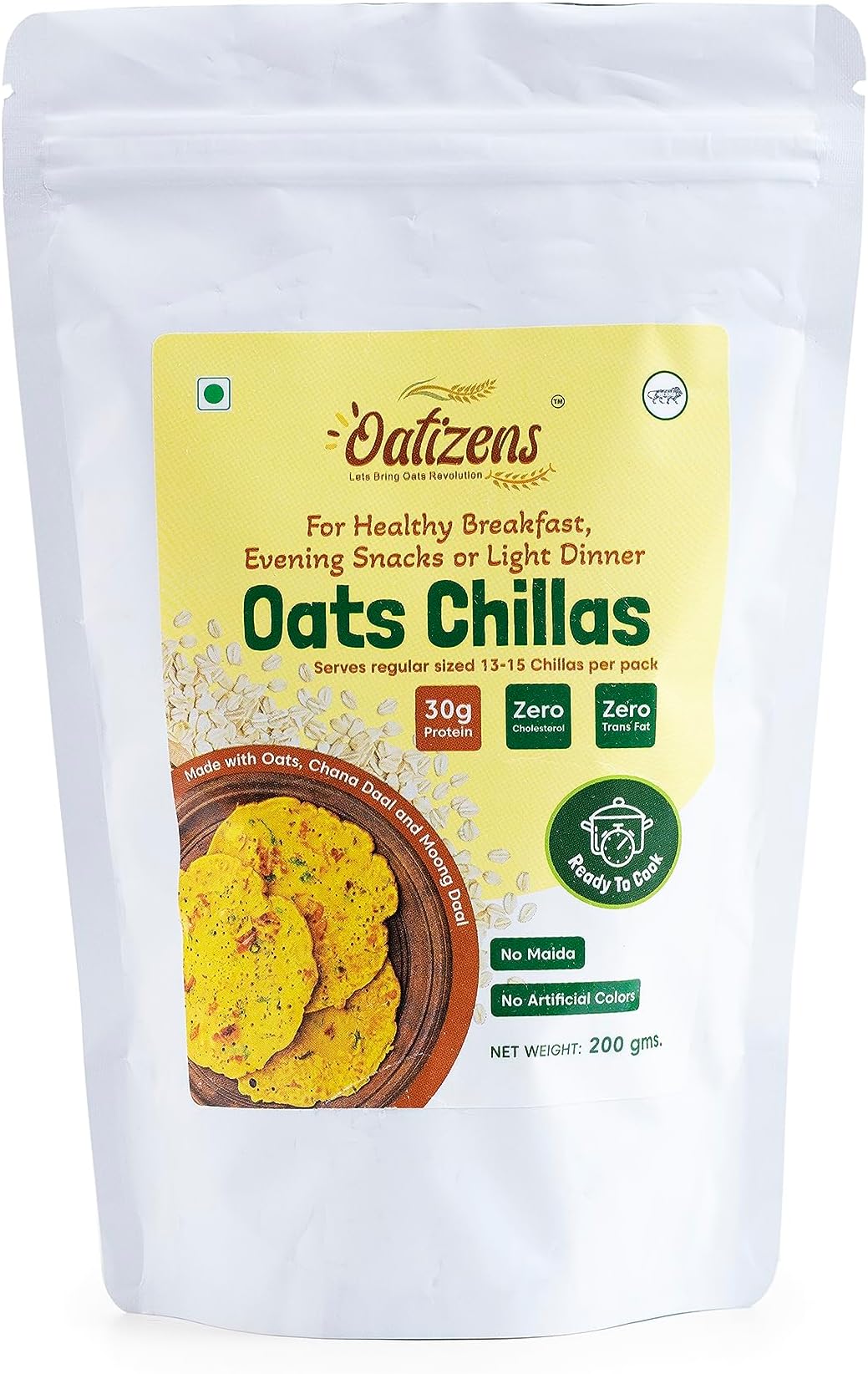 OATIZENS Oats Chillas, Ready to Cook Chilla, Healthy & Instant Breakfast, Regular sized 13-15 Chillas, No Maida, Zero Cholesterol, Oats Meal, Oats Recipe -200 gm