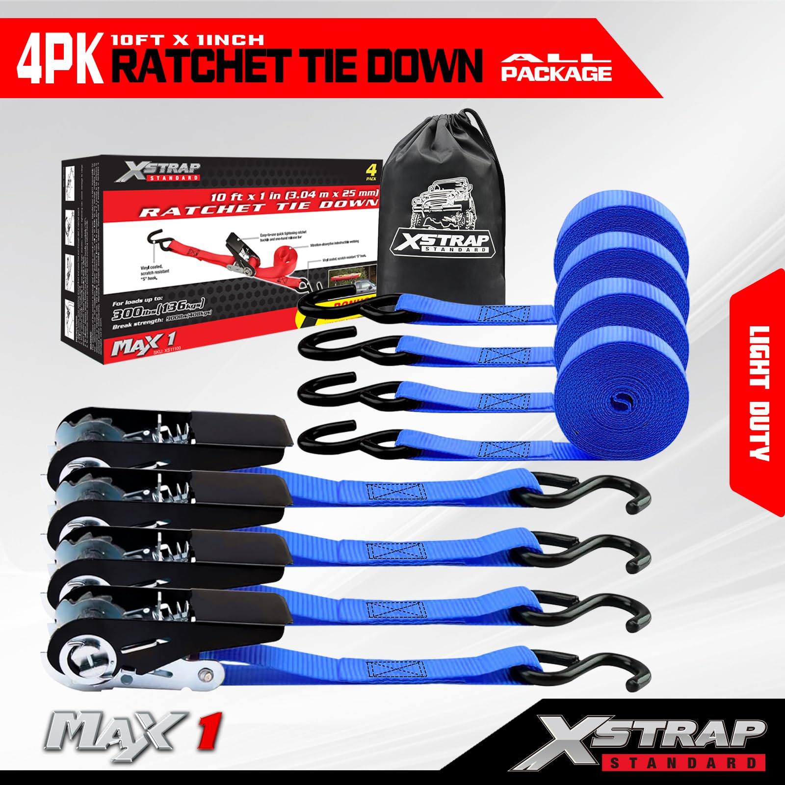 XSTRAP Zestaw 4 pasków mocujących z grzechotką, 3 m, nasadka ładująca 136 kg, wytrzymałość na zerwanie 408,2 kg, do urządzeń przeprowadzkowych, trawników, motocykli (niebieski)