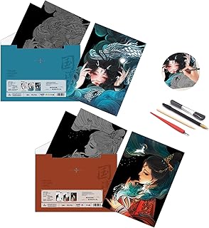 Scratch Rainbow Painting Art Paper,Scratch & Sketch Art for Kids & Adults,Scratch Painting Creative Gift Art & Craft Set,Sketch Pad DIY Scratchboard with 4 Tools,11.7''x8.3''(Asian Girl)