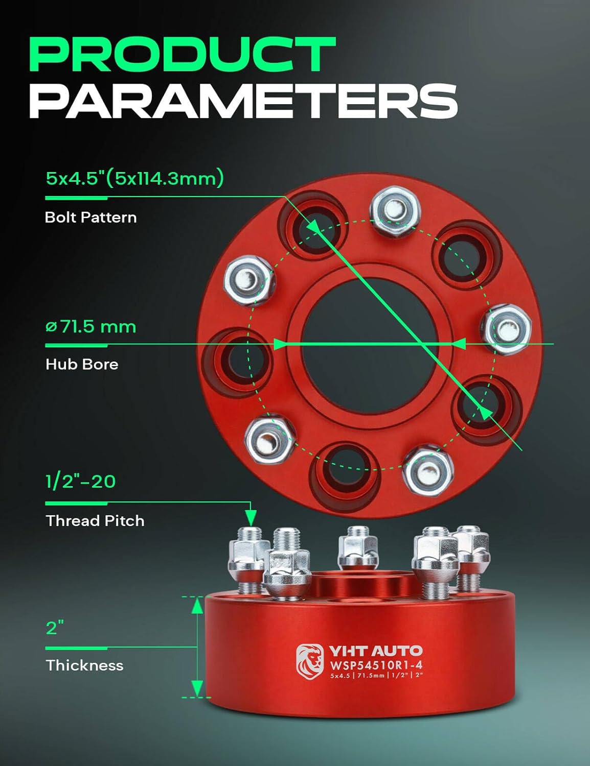 YHTAUTO 5x4.5 Hub Centric Wheel Spacers 2 Inch Compatible with Jeep Grand Cherokee, Wrangler, Cherokee, Liberty 5x114.3mm Tire Spacers w/1/2 Inch-20 Studs 71.5 mm Hub Bore 5 Lug 4PCS Red Wheel Spacers