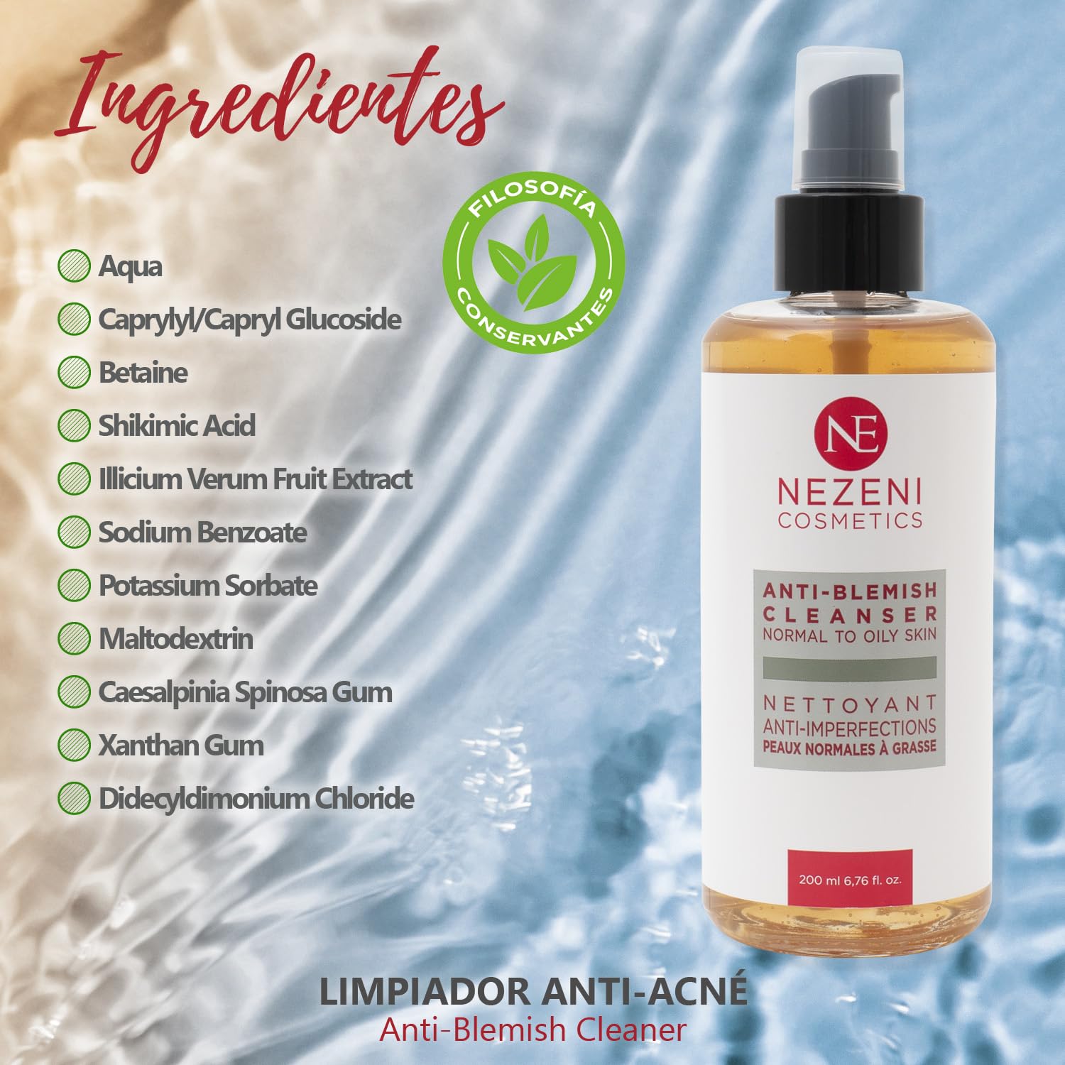Nezeni Limpiador Facial Acné con Ac. Shikimic – 200 ml - BAJO CONSERVANTES 2 años caducidad cerrado