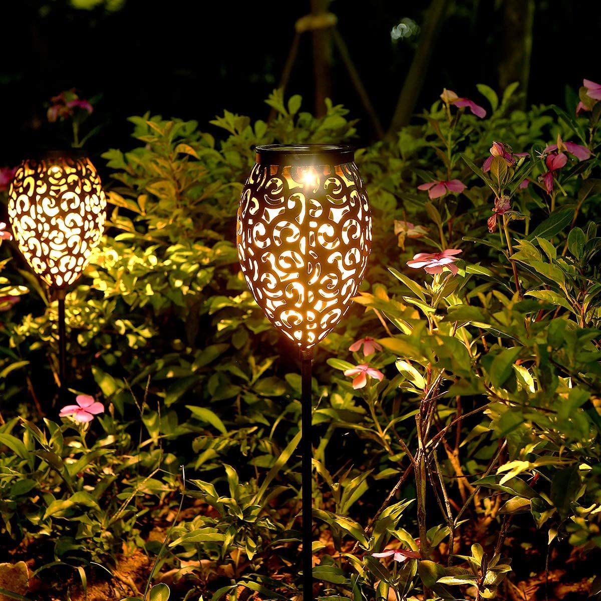 Görvitor Lampade solari per esterni da giardino, 4 pezzi, LED in metallo, per esterni, IP65, impermeabili, orientali, da giardino, a energia solare, luce bianca calda, con picchetto, decorazione da