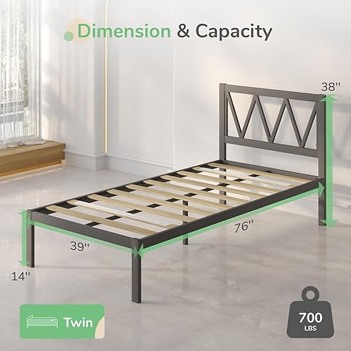 Miniatura 2 de Novilla Base de cama de plataforma de metal con cabecero, soporte de listones de madera, no necesita somier, fácil montaje, negro, tamaño individual
