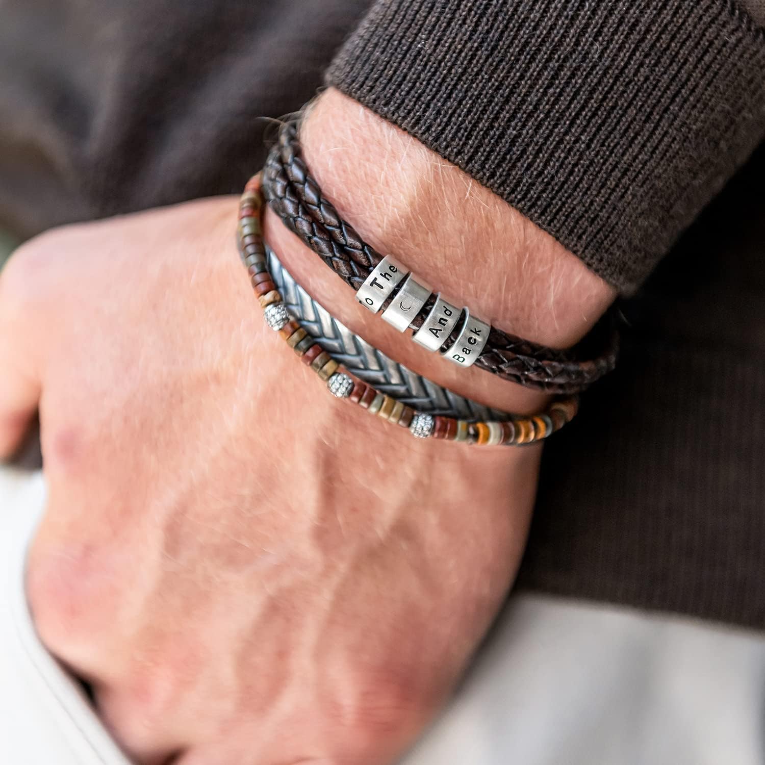 MyNameNecklace Personalized Braided Leather Bracelet with Silver or Gold Beads for Him, Men - Custom Gift for Father's Day - Genuine Leather - Engraved Sterling Silver or 14K Solid Gold Beads