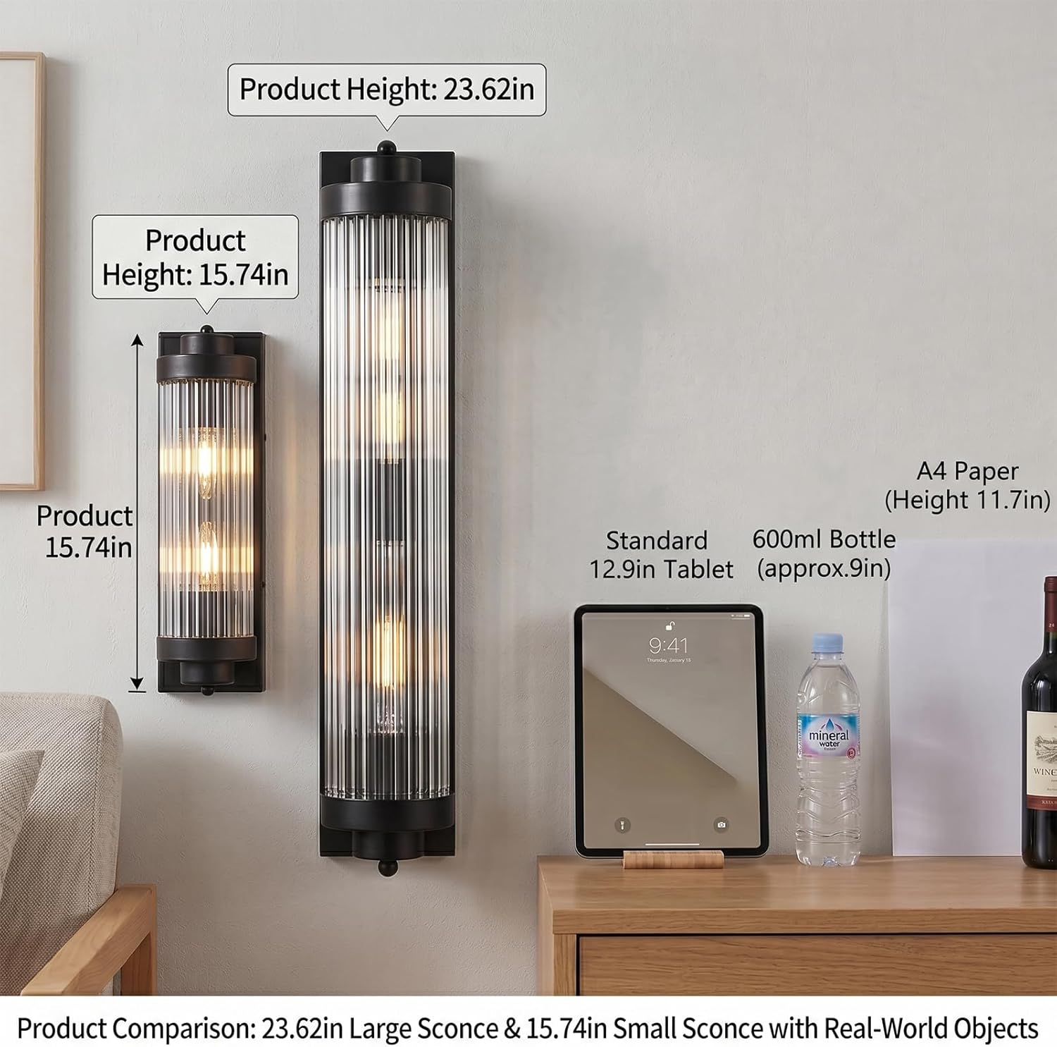 Black Wall Sconces with Crystal Glass Strip Bathroom Sconces 2 Light E12 Base Modern Wall Lights for Bedroom Living Room Hallway Wall Light Fixtures (1 Pack)
