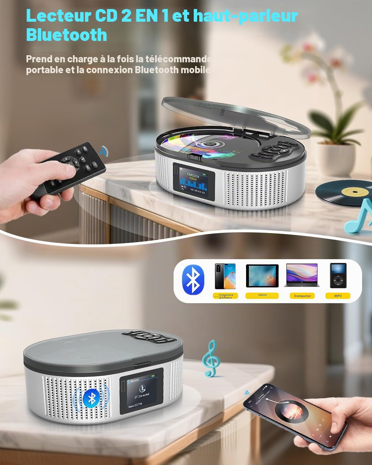 Lecteur CD Portable Bluetooth avec Haut-Parleur Stéréo, Lecteur CD Bureau