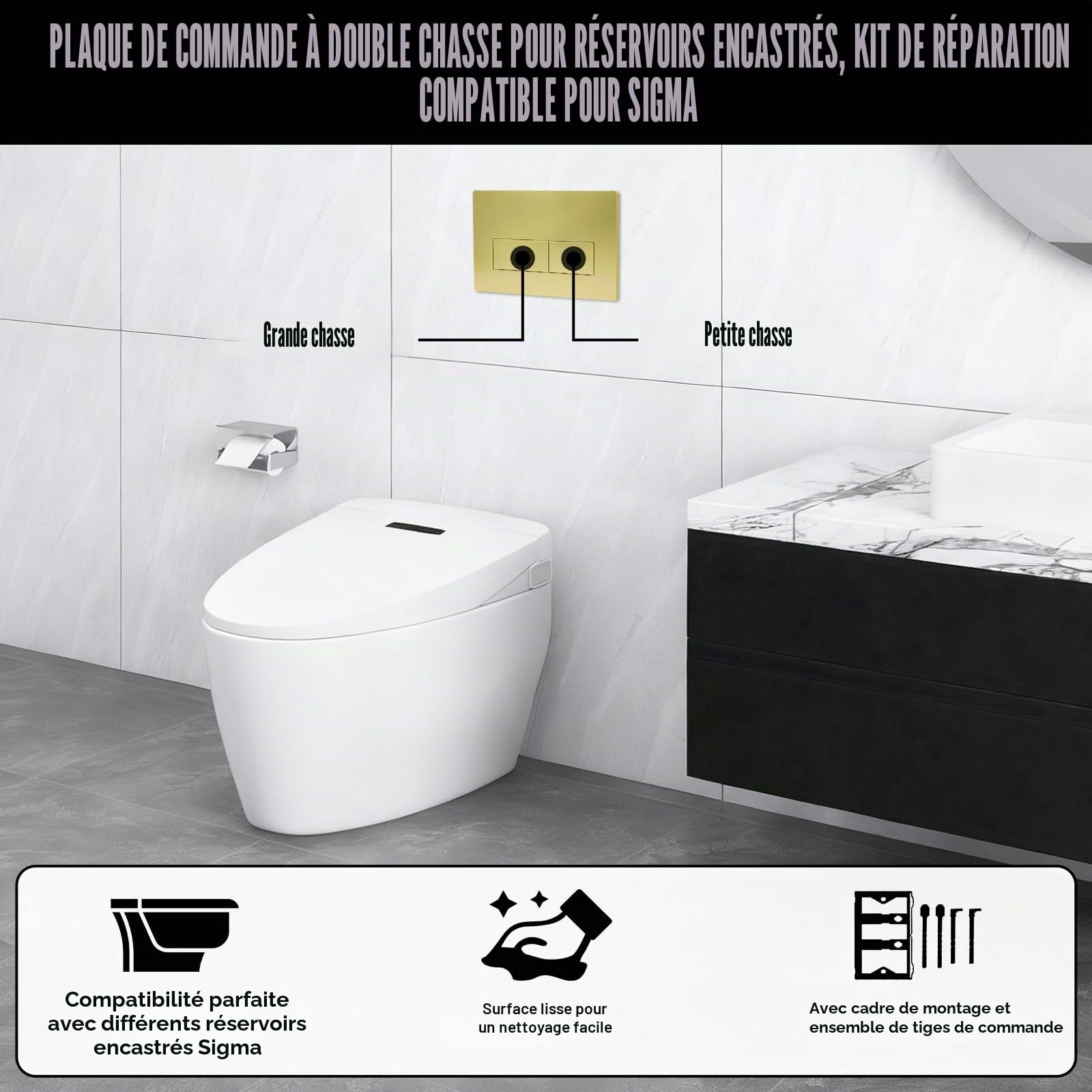 SOARFLY Plaque de commande wc suspendu, plaque de déclenchement wcà double chasse d’eau, compatible avec GEBERIT SIGMA01/20/21/30 UP300/320, 115.770.11.5, dimensions245×164mm, doré