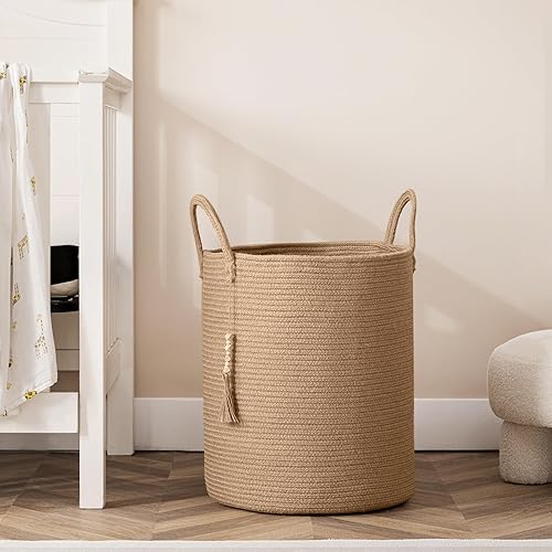 Miniatura 3 de UBBCARE Cesta alta para ropa sucia, 16 x 20 pulgadas, cesta grande de almacenamiento de cuerda tejida con asas, cesta de lavandería para mantas,