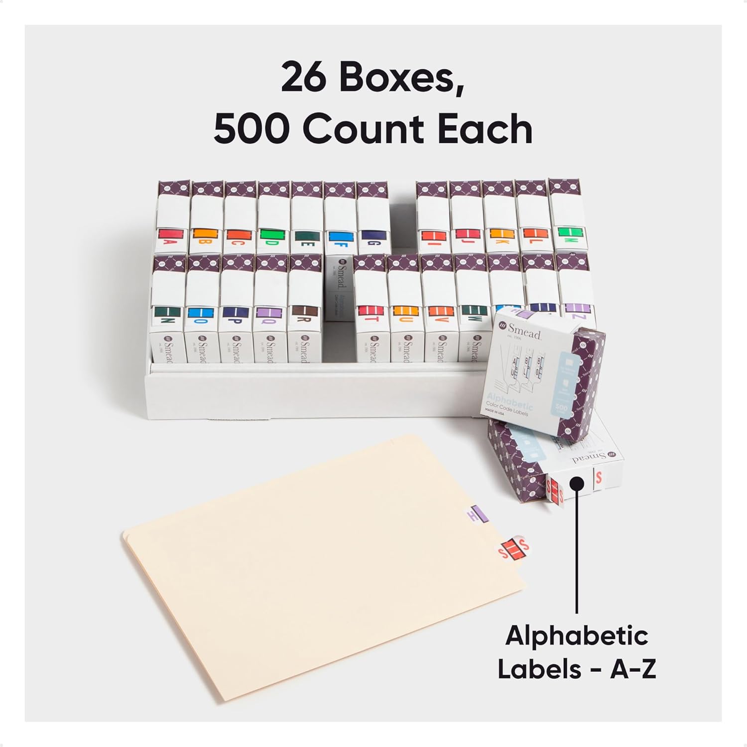 Smead BCCR Bar-Style Alphabetic Labels for Organizing, Color Coding, Letters A-Z Colored Stickers, Assorted Colors, Small Labels for Storage Bins, Inventory Stickers, 500 per Roll (67070)