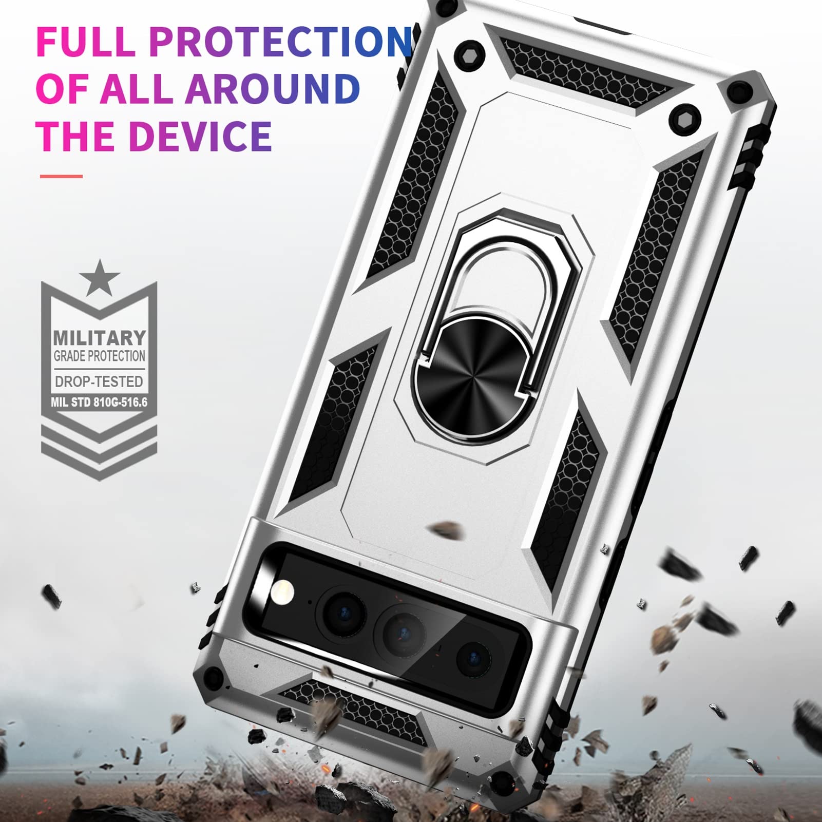 PROPFE Wytrzymałe etui pancerne do Google Pixel 7/7 Pro, stojak na pierścień, odporny na wstrząsy, wojskowa klasa ochronna, twarda osłona na telefon komórkowy, kolor srebrny, 7Pro 6,7''