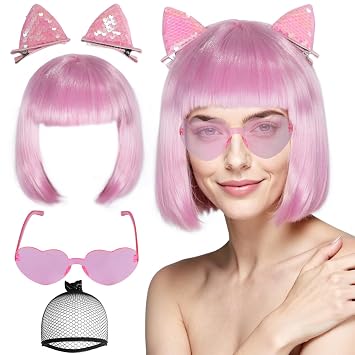 BESTBEL+Hair Cap Pink Bob Wig and Sunglasses and Hairpin Neon Party Wigs for Women Short Bob Wigs with Bangs Halloween Party Outfits Pink Neon Wig Daily Cosplay Costume Synthetic Hair