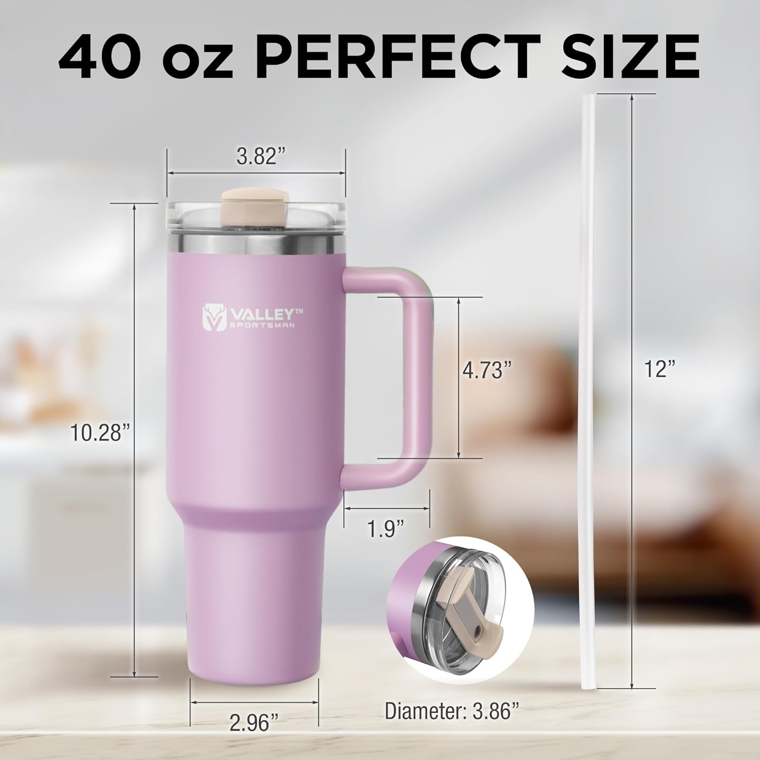 40 oz Stainless Steel Tumblers with Handle, Spill-proof Lid and Straw, Double-Walled Insulated, BPA-Free, Perfect for Hot and Cold Drinks, Light Purple - Image 2