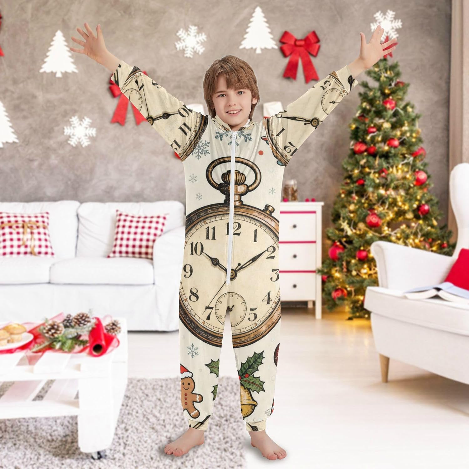 Merry Christmas Vintage Pocket WatchUnisex Onesie PajamasZip Up Hooded Sleepwear Holiday Loungewearfor Christmas Home