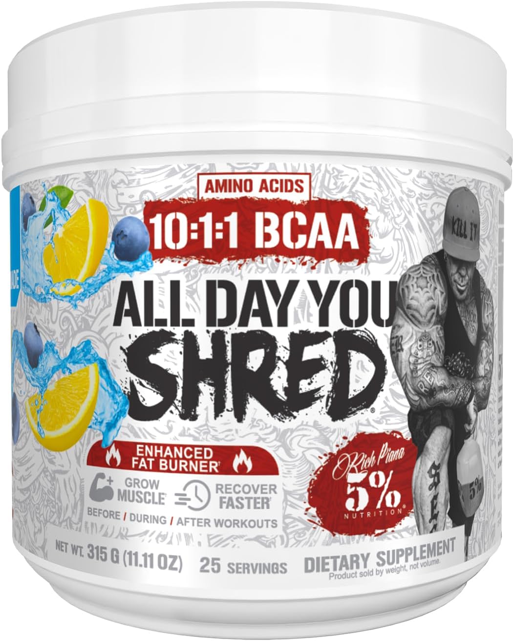 5% Nutrition Rich Piana AllDayYou Shred BCAA Powder | Amino Acid Supplement for Weight Loss | Elite Fat Burning Pre Workout for Energy, Hydration, Endurance & Recovery (Blueberry Lemonade)