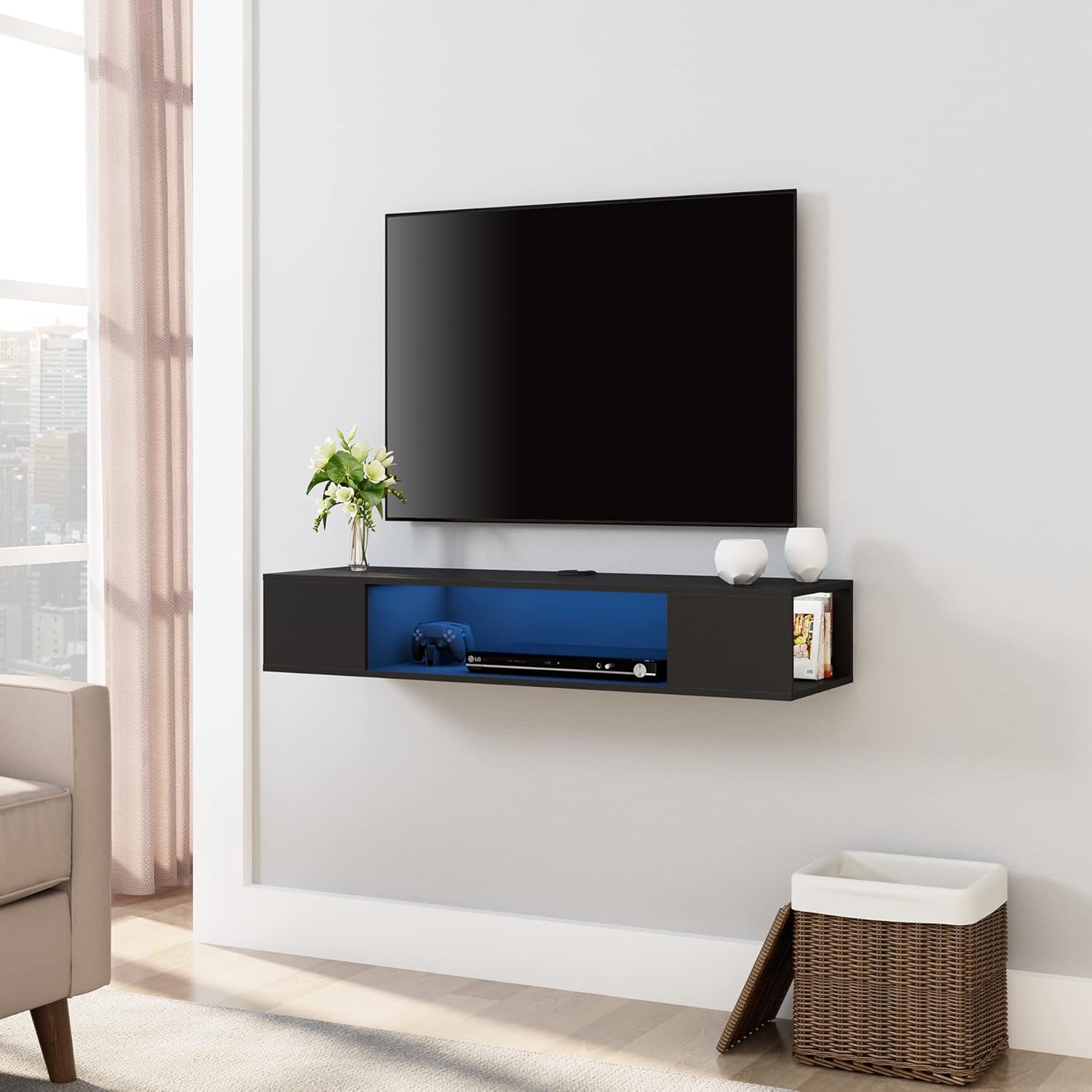 FITUEYES Floating TV Stand Shelf with Blue LED Lights, Wall Mounted Entertainment Center Media Console Component Under TV, Black